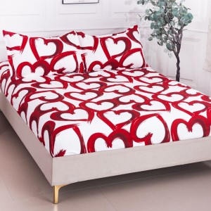 Cearșaf cu Elastic 180x200 cm + 2 Fețe de Pernă 50x70 cm, Alb, Inimioare Rosii