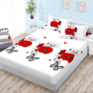 Cearsaf cu elastic, Bumbac FINET, 160x200cm, 2 fete de perne 50x70cm, Alb, Rosu, Maci, Fluturi