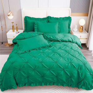 Lenjerie de Pat Premium, Bumbac Finet, Pliuri Brodate cu Volanase, 4 Piese, Nesifonabilă și Durabilă, Verde Smarald