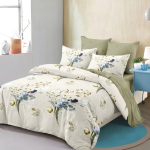 Lenjerie pat dublu,  FINET, cu elastic, 6 piese, Bej, Verzui, Flori