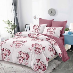 Lenjerie pat dublu,  FINET, cu elastic, 6 piese, Roz, Flori