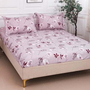 Cearșaf cu Elastic 180x200 cm + 2 Fețe de Pernă 50x70 cm, Roz, Flori