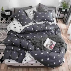 Lenjerie pat dublu, bumbac satinat, cu doua feţe, 4 piese,  Gri, Alb, stelute