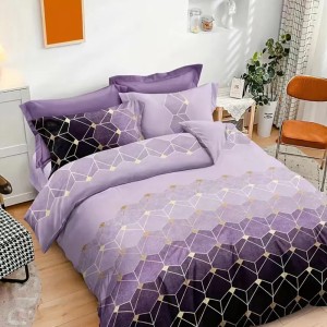 Lenjerie pat dublu, bumbac satinat, cu doua feţe, 4 piese,  Lila, Mov, forme geometrice