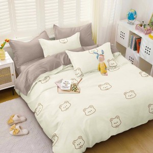 Lenjerie pat dublu, bumbac satinat,  cu elastic, Crem, ursuleti