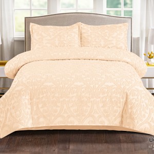 Lenjerie de Pat Premium, Bumbac Finet, Smocuri Brodate, 4 Piese, Nesifonabilă și Durabilă, Royal, Bej deschis