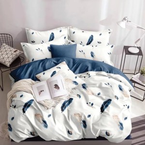 Lenjerie pat dublu, bumbac satinat, cu doua feţe, 4 piese,  Alb, Bleumarin, pene