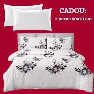 Lenjerie de Pat 4 Piese din Bumbac Satinat cu Cearșaf cu Elastic + 2 Perne Cadou 50x70 cm, cod INS-LSG504