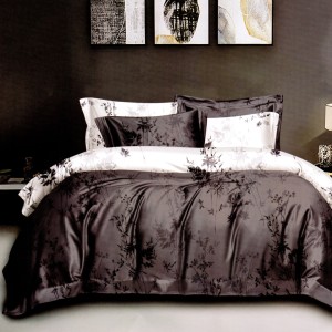 Lenjerie pat dublu, bumbac satinat, cu doua feţe, 4 piese, Alb, Negru, Crenguțe cu Frunze