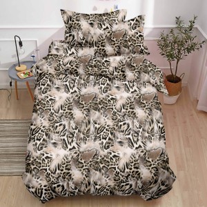 Lenjerie pat 1 PERSOANA,  FINET, 4 piese, cu ELASTIC, Bej, abstract, animal print