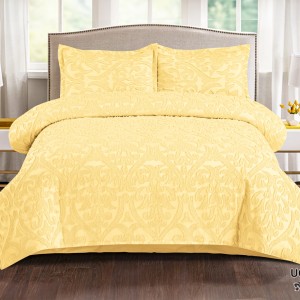Lenjerie de Pat Premium, Bumbac Finet, Smocuri Brodate, 4 Piese, Nesifonabilă și Durabilă, Royal, Galben Pai