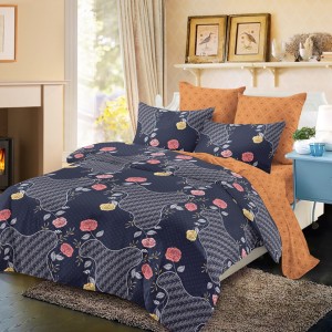 Lenjerie pat dublu,  FINET, cu elastic, 6 piese, Bleumarin, Caramiziu, Flori