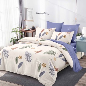 Lenjerie pat dublu,  FINET, cu elastic, 6 piese, Crem, Bleu, Flori