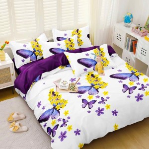 Lenjerie pat dublu, bumbac satinat,  cu elastic, Alb, Mov, fluturi