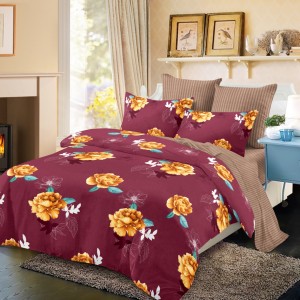 Lenjerie pat dublu,  FINET, cu elastic, 6 piese, Vișiniu, Maro, Flori