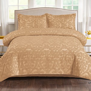 Lenjerie de Pat Premium, Bumbac Finet, Smocuri Brodate, 4 Piese, Nesifonabilă și Durabilă, Royal, Bej inchis