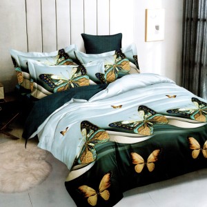 Lenjerie pat dublu, bumbac satinat, cu doua feţe, 4 piese, Bleu, Verde, Fluturi