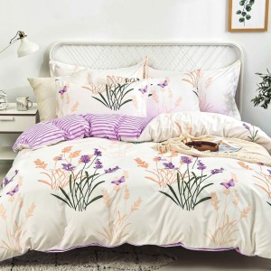 Lenjerie pat dublu, bumbac satinat,  cu elastic, Crem, Mov, flori