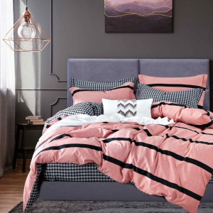 Lenjerie pat dublu cu doua feţe, bumbac satinat, 4 piese,  Roz, dungi