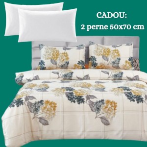 Lenjerie de Pat 4 Piese din Bumbac Satinat cu Cearșaf cu Elastic + 2 Perne Cadou 50x70 cm, cod INS-LSG166