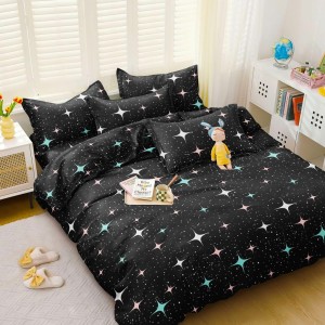 Lenjerie pat dublu, bumbac satinat,  cu elastic, Negru, stelute