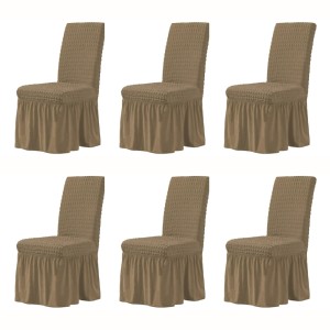 Set 6 Huse Elastice si Creponate Cu Volanase pentru Scaune, maro deschis Set 6 Huse Elastice si Creponate Cu Volanase pentru Scaune, maro deschis