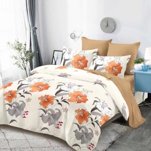 Lenjerie pat dublu,  FINET, cu elastic, 6 piese, Crem, Maro, Flori