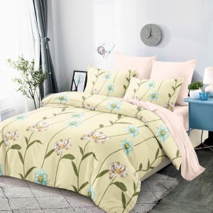 Lenjerie pat dublu,  FINET, cu elastic, 6 piese, Bej, Flori