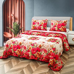 Cuvertură Matlasată din Bumbac Satinat, cu Bordură în Valuri (220x230 cm) + 2 Fețe de Pernă (60x80 cm), Crem, Roșu, Flori