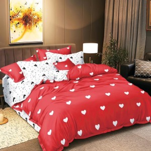 Lenjerie pat dublu cu doua feţe, bumbac satinat, 4 piese,  Rosu, Alb, inimioare