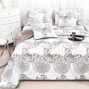 Cuvertură Pat Dublu, Bumbac cu In, Model Brodat Direct în Tesătură, 230x250 cm, 2 fete de perna 52x72cm, 2 fete de perna 46x46cm, Alb, Bej, Flori, Fluturi