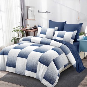 Lenjerie Pat Dublu,  FINET, 6 piese, Alb, Bleumarin, Forme Geometrice