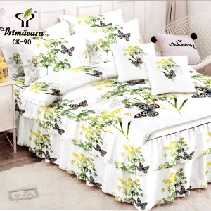 Lenjerie Premium Pat Dublu  FINET, 6 Piese – Volănașe Sofisticate, Fixare Perfectă cu Elastic, Alb, Verde, Flori, Fluturi