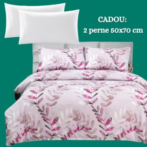 Lenjerie de Pat 4 Piese din Bumbac Satinat cu Cearșaf cu Elastic + 2 Perne Cadou 50x70 cm, cod INS-LSG170