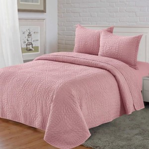 Cuvertură Matlasată, Pat Dublu, 230x250 cm, 3 Piese, Bumbac Satinat Superior, 2 Fețe de Pernă 50x70 cm, Roz