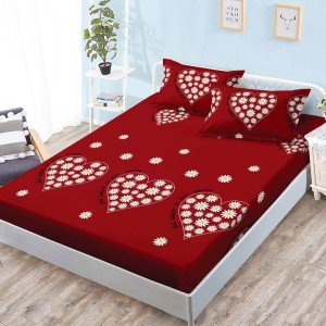 Cearsaf cu elastic, Bumbac FINET, 160x200cm, 2 fete de perne 50x70cm, Visiniu, Inimioare