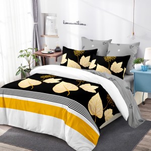 Lenjerie pat dublu,  FINET, cu elastic, 6 piese, Alb, Gri, Negru, Frunze