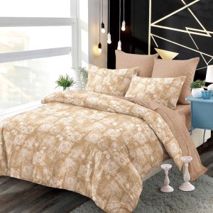 Lenjerie pat dublu,  FINET, cu elastic, 6 piese, Bej, Alb, Flori