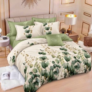 Lenjerie pat dublu,  FINET, 6 piese, Crem, Verde, flori