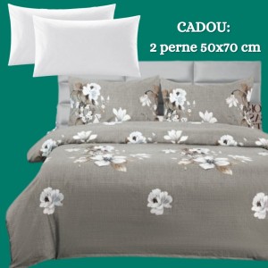 Lenjerie de Pat 4 Piese din Bumbac Satinat cu Cearșaf cu Elastic + 2 Perne Cadou 50x70 cm, cod INS-LSG159