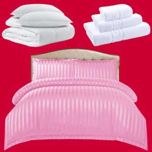 Pachetul Hotel EXPERIENCE: Lenjerie Pat Dublu, 4 piese din Damasc Finetat + Pilota 200x230cm + 2 Perne 50x70cm + 3 Prosoape din Bumbac, AT-008