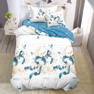 Lenjerie pat 1 PERSOANA, FINET, 4 piese, Alb, Bleu, ursuleti