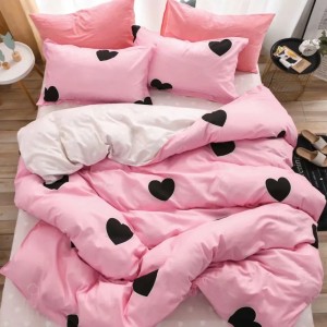 Lenjerie pat dublu, bumbac satinat, cu doua feţe, 4 piese,  Roz, Crem, inimioare