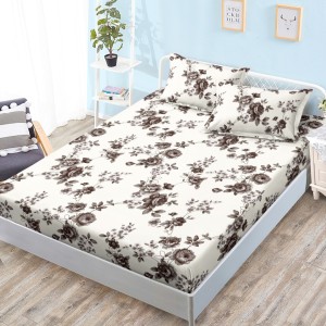 Cearsaf cu elastic, Bumbac FINET, 160x200cm, 2 fete de perne 50x70cm, Crem, Gri, Flori