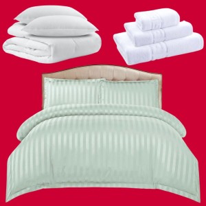 Pachetul Hotel EXPERIENCE: Lenjerie Pat Dublu, 4 piese din Damasc Finetat + Pilota 200x230cm + 2 Perne 50x70cm + 3 Prosoape din Bumbac, AT-142