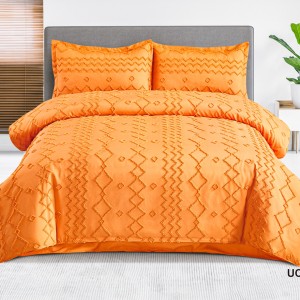 Lenjerie de Pat Premium, Bumbac Finet, Smocuri Brodate, 4 Piese, Nesifonabilă și Durabilă, Zig-Zag, Portocaliu