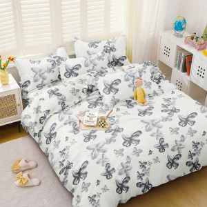 Lenjerie pat dublu cu doua feţe, bumbac satinat, 4 piese,  Alb, fluturi