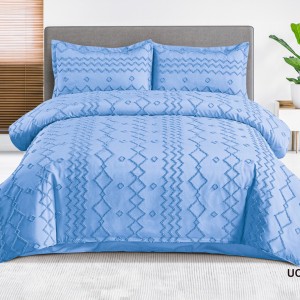 Lenjerie de Pat Premium, Bumbac Finet, Smocuri Brodate, 4 Piese, Nesifonabilă și Durabilă, Zig-Zag, Bleu