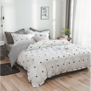 Lenjerie pat dublu, bumbac satinat, cu doua feţe, 4 piese,  Alb, Negru, inimioare