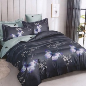 Lenjerie pat dublu, bumbac satinat, cu doua feţe, 4 piese,  Bleumarin, Fluturi